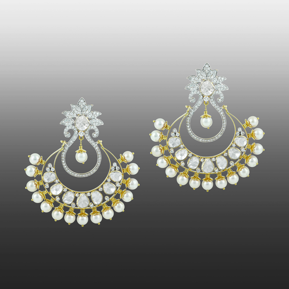 Chandbali Earrings with Polki, Floral Design, and Pearls